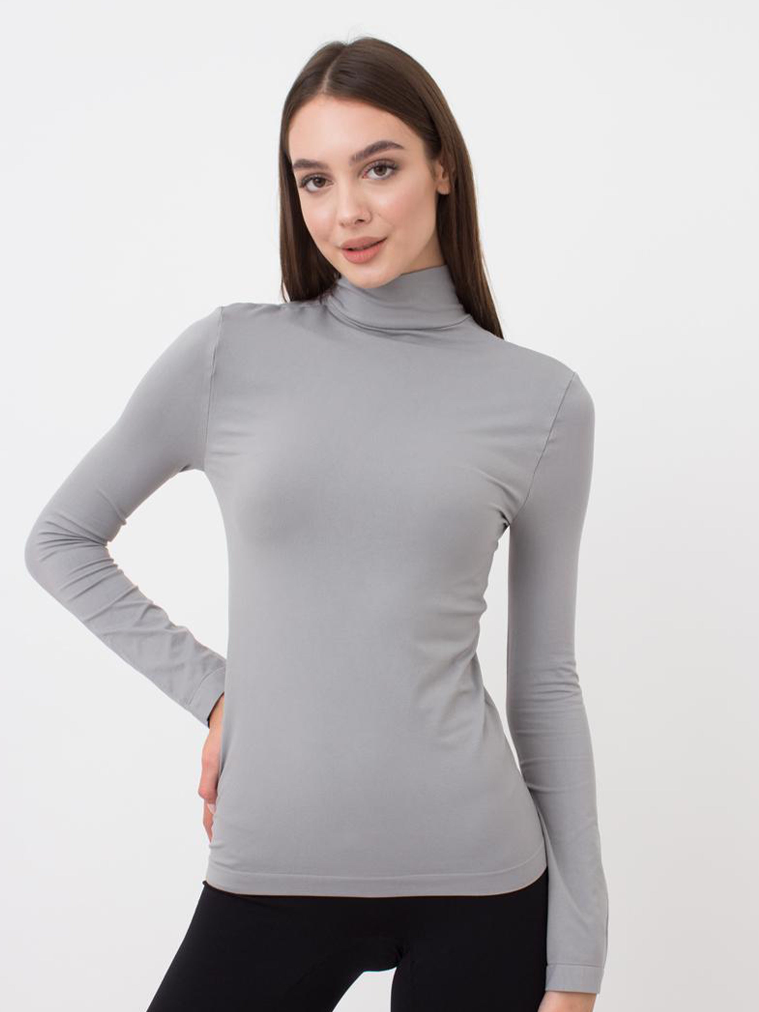 Seamless Turtleneck Long Sleeve Top in Gray