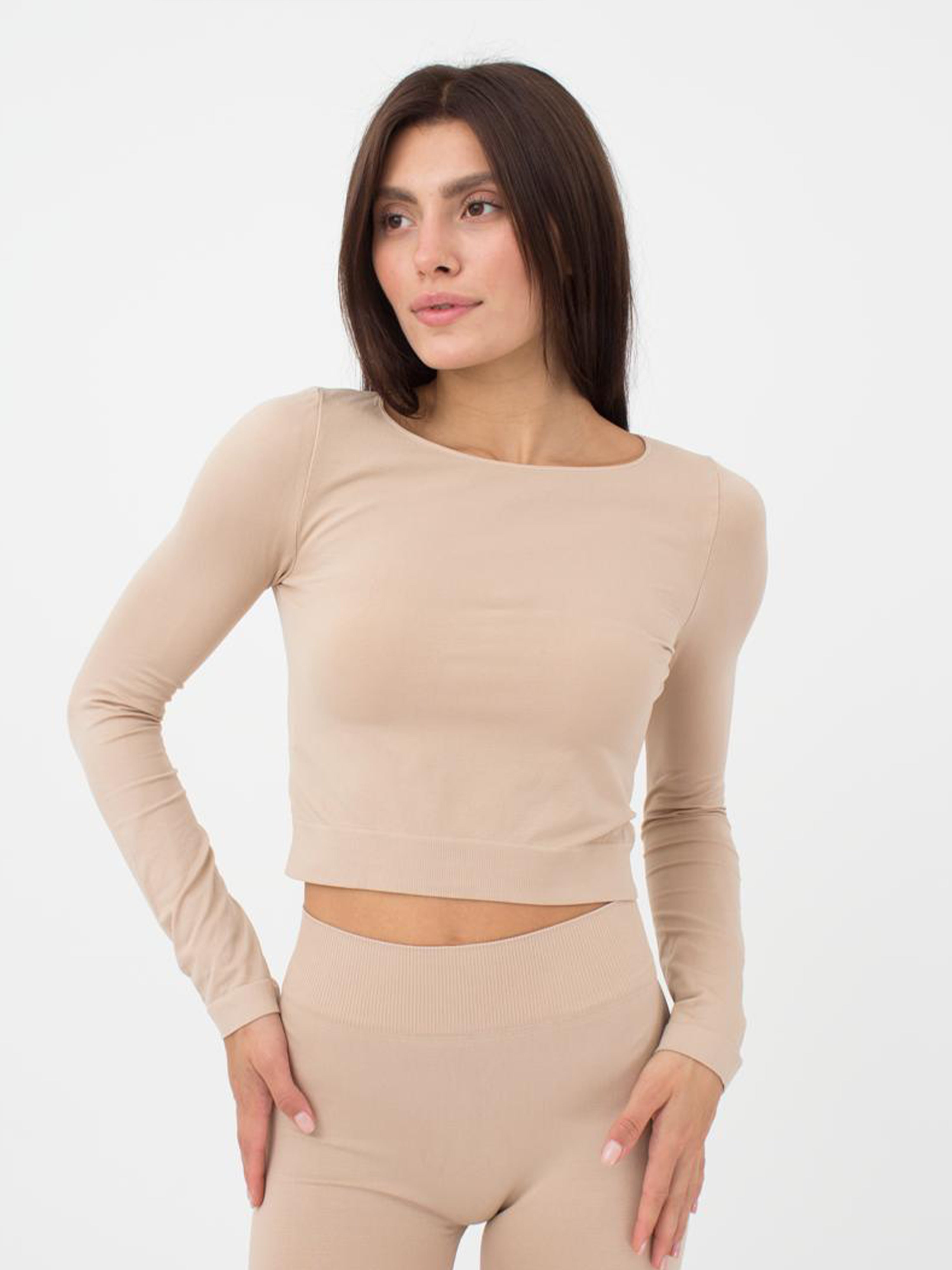 Seamless Cropped Long Sleeve Top in Beige