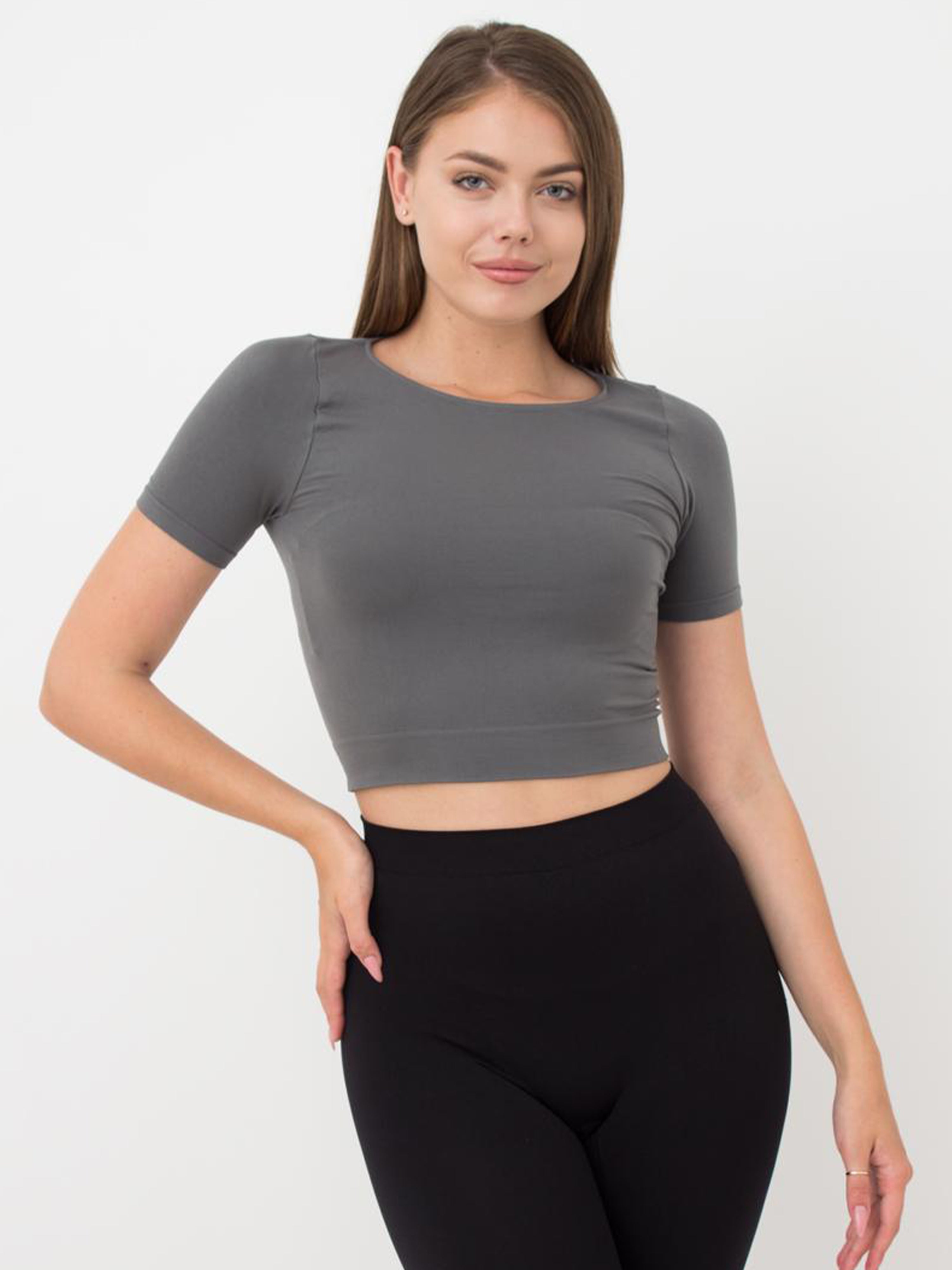 Seamless Cropped Short Sleeve Top in Dark Gray