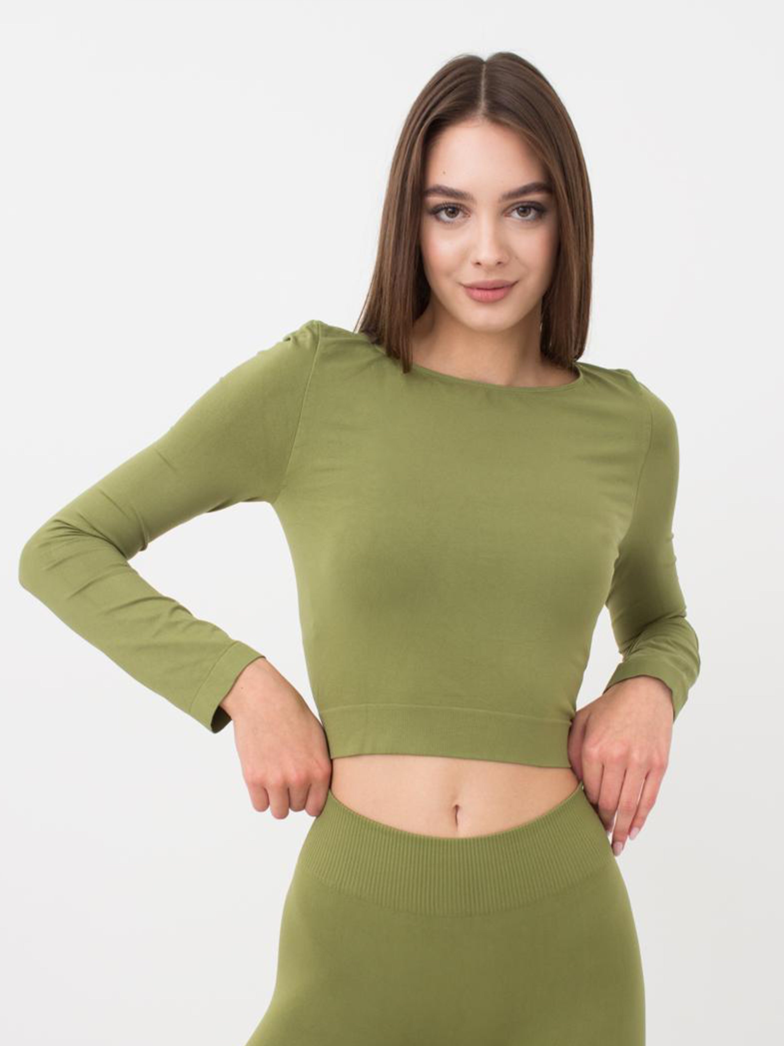 Seamless Cropped Long Sleeve Top in Olive