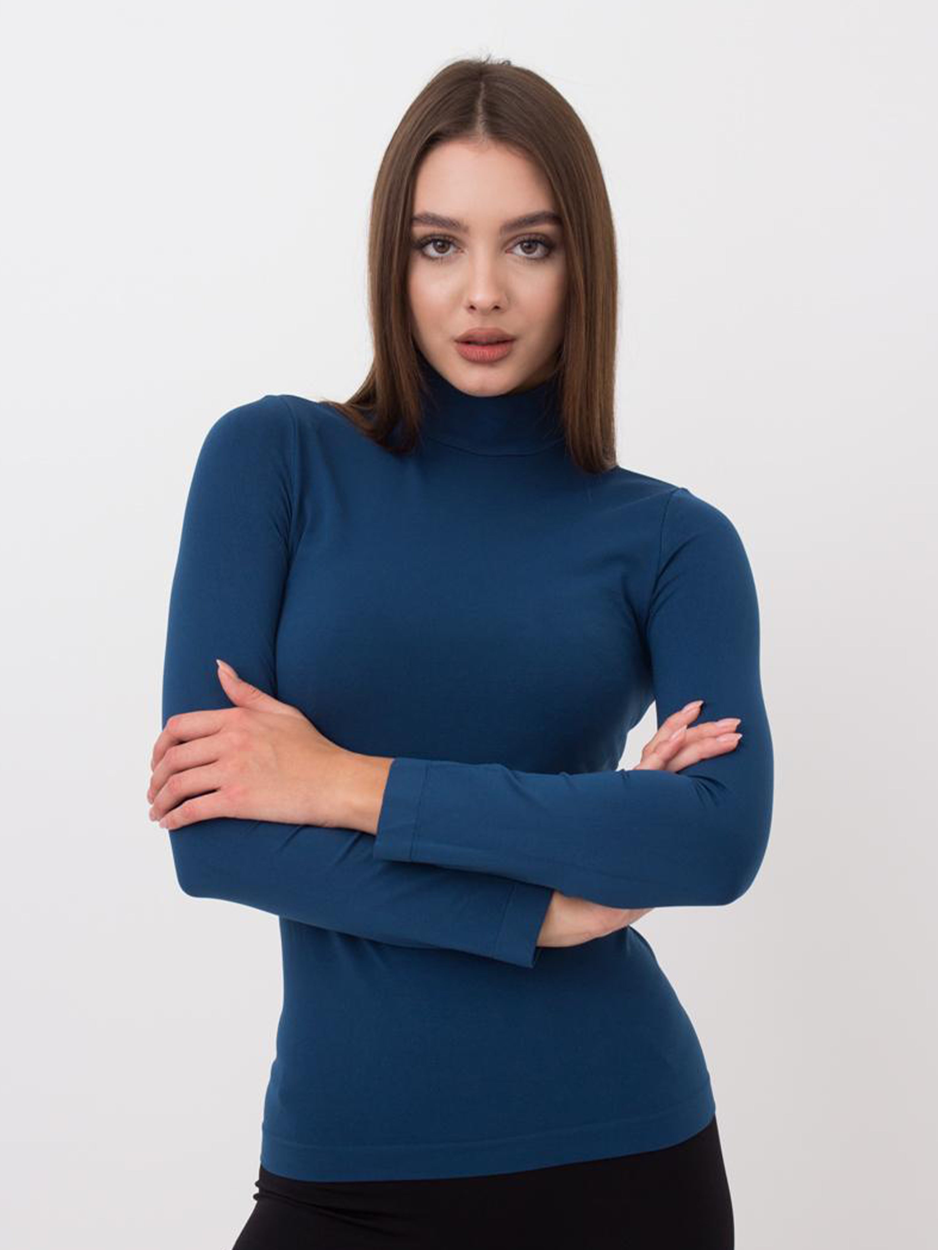 Seamless Turtleneck Long Sleeve Top in Navy Blue