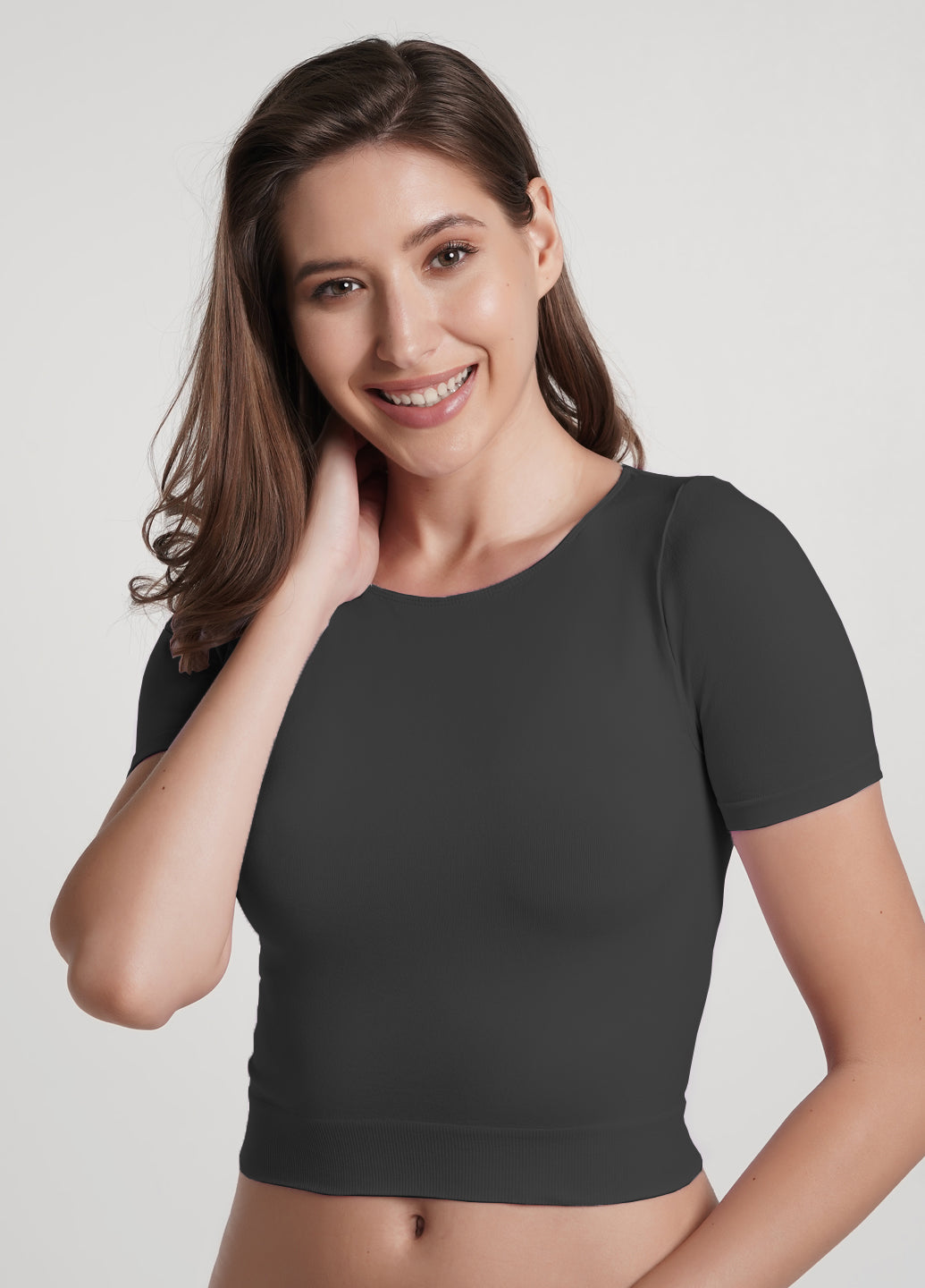 Seamless Cropped Short Sleeve Top in Dark Gray