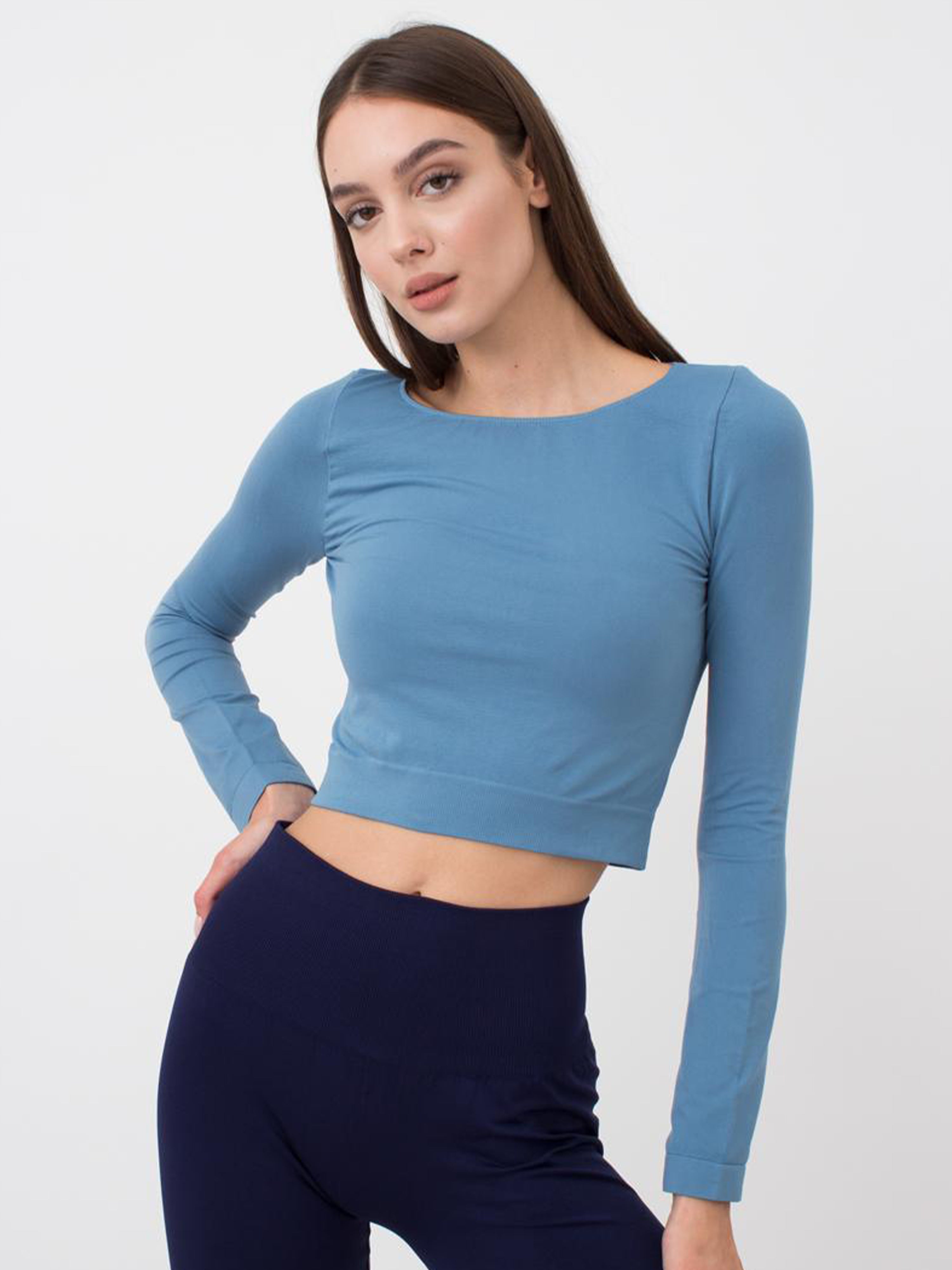 Seamless Cropped Long Sleeve Top in Dusk Blue