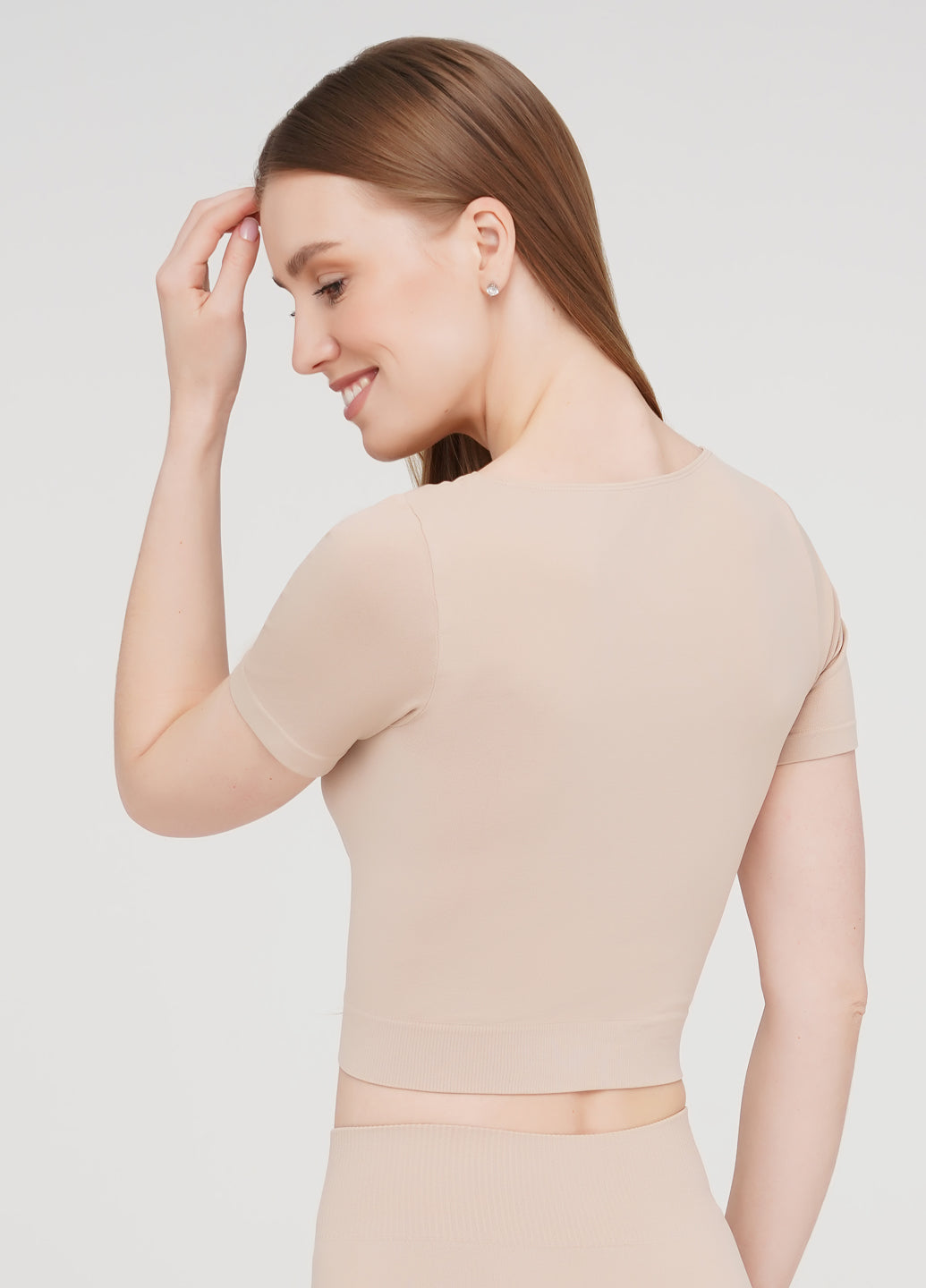 Seamless Cropped Short Sleeve Top in Beige