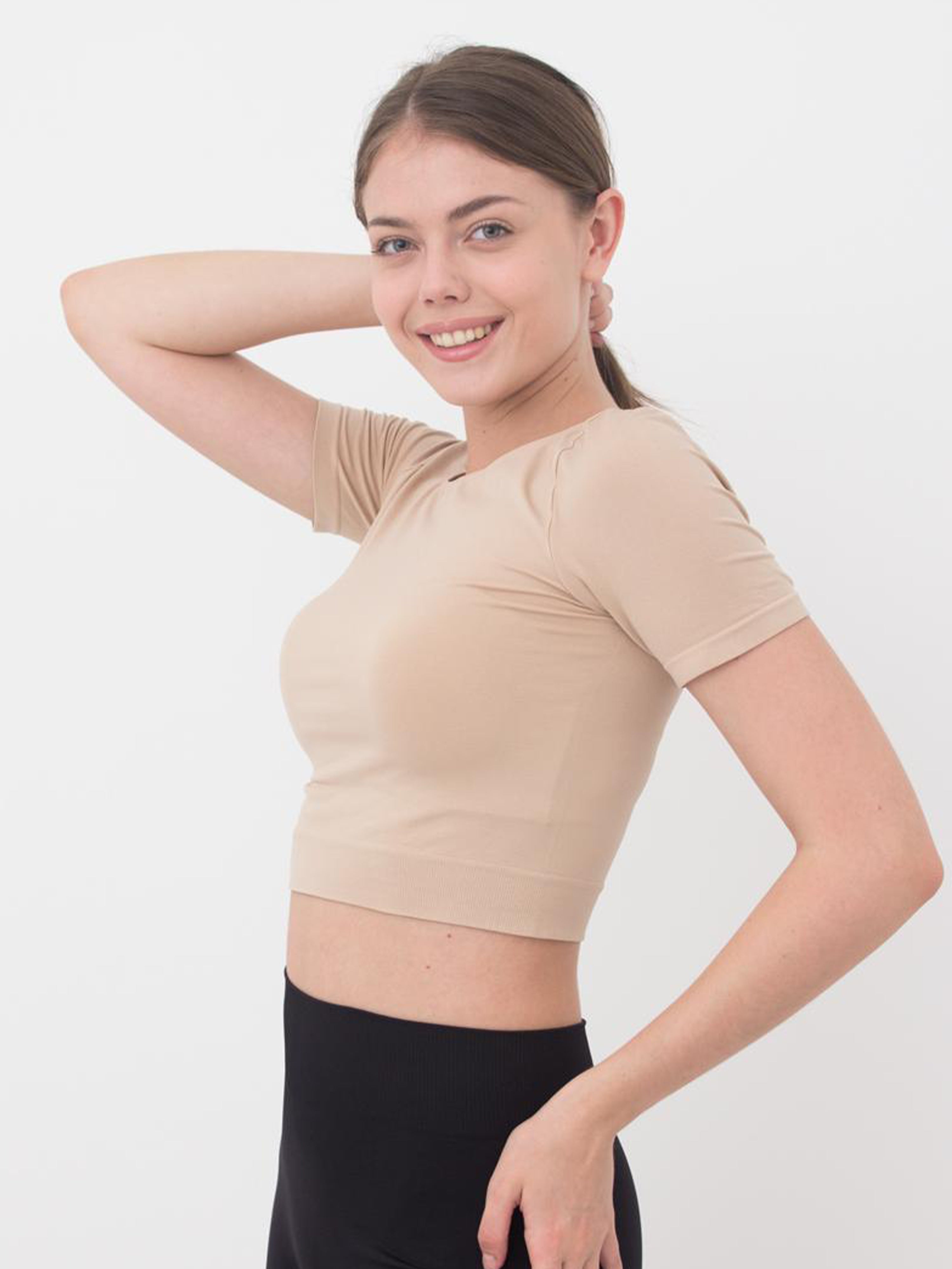 Seamless Cropped Short Sleeve Top in Beige