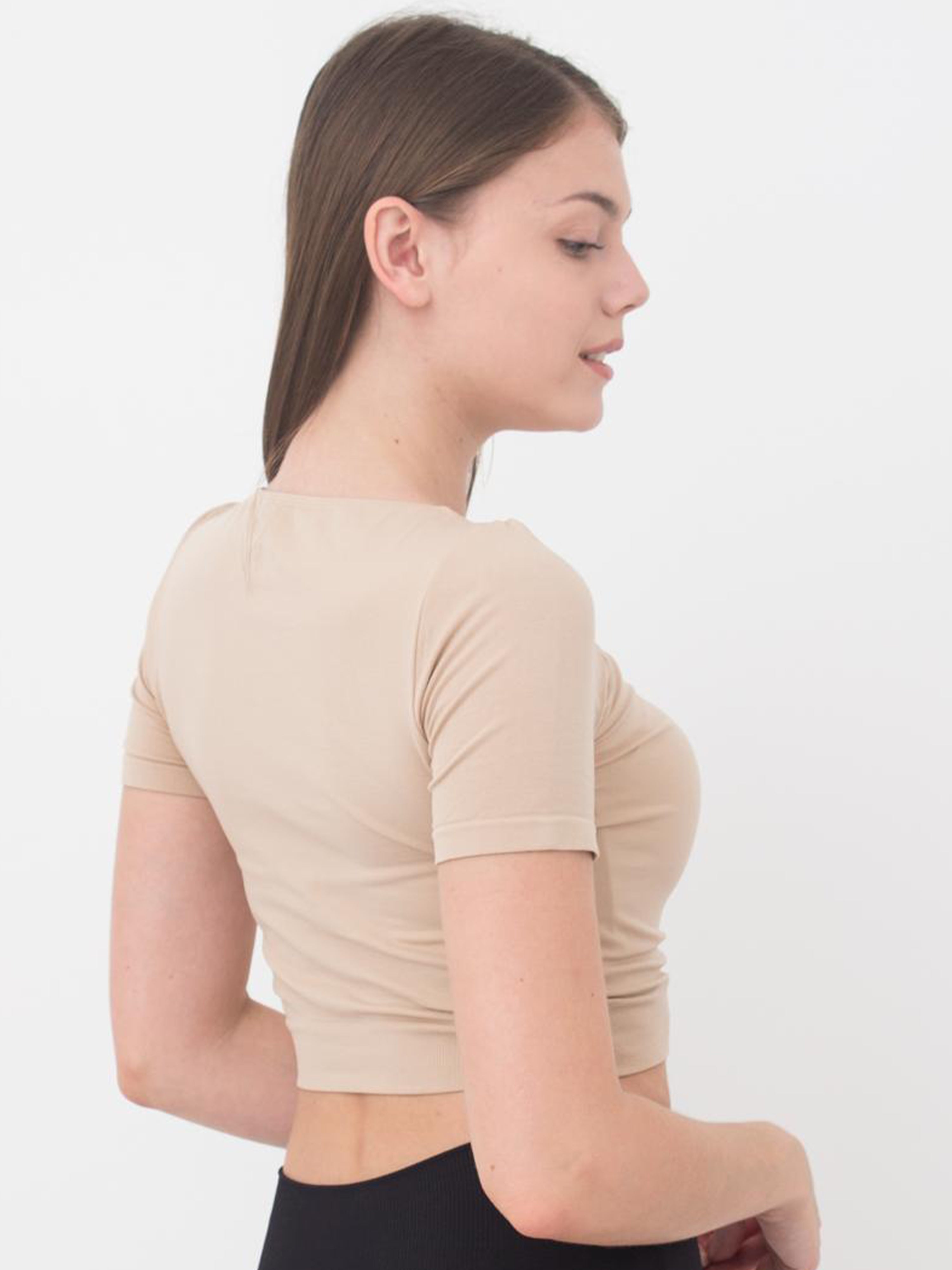 Seamless Cropped Short Sleeve Top in Beige