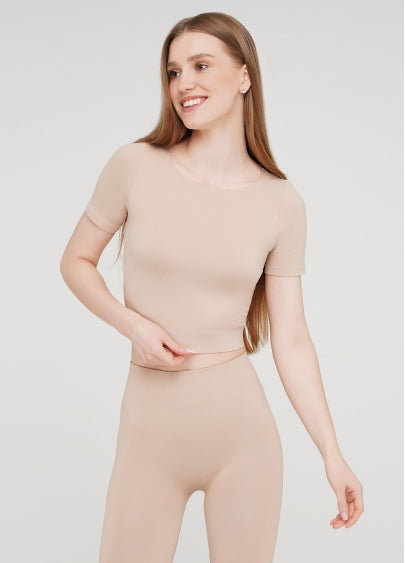 Seamless Cropped Short Sleeve Top in Beige