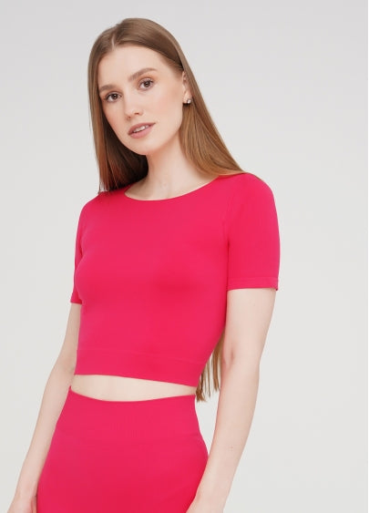 Seamless Cropped Short Sleeve Top in Deep Pink