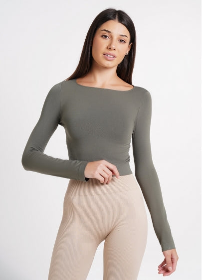 Seamless Cropped Long Sleeve Top in Khaki