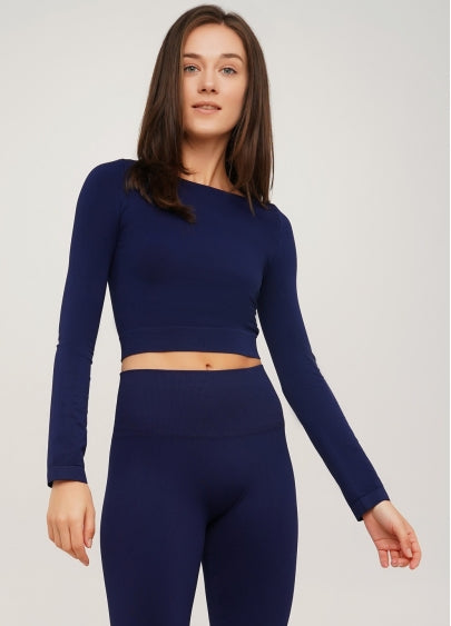 Seamless Cropped Long Sleeve Top in Navy Blue