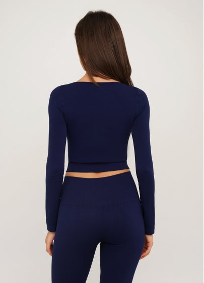 Seamless Cropped Long Sleeve Top in Navy Blue