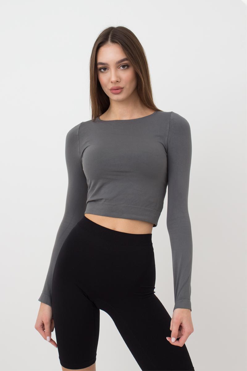 Seamless Cropped Long Sleeve Top in Dark Gray