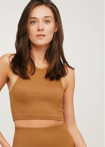 Seamless Ribbed Halter Crop Top in Light Brown