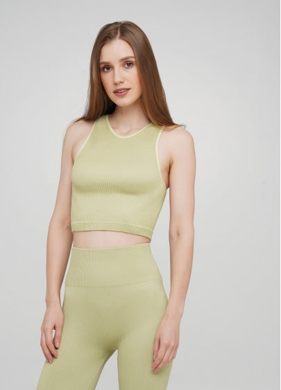 Seamless Ribbed Halter Crop Top in Light Olive