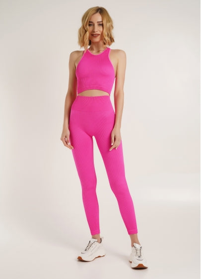 Seamless Ribbed Halter Crop Top in Neon Pink