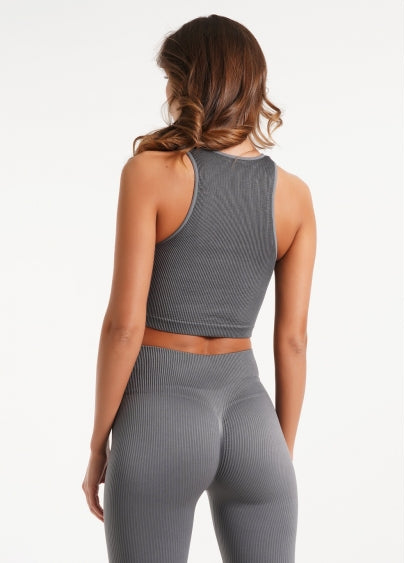 Seamless Ribbed Halter Crop Top in Dark Gray