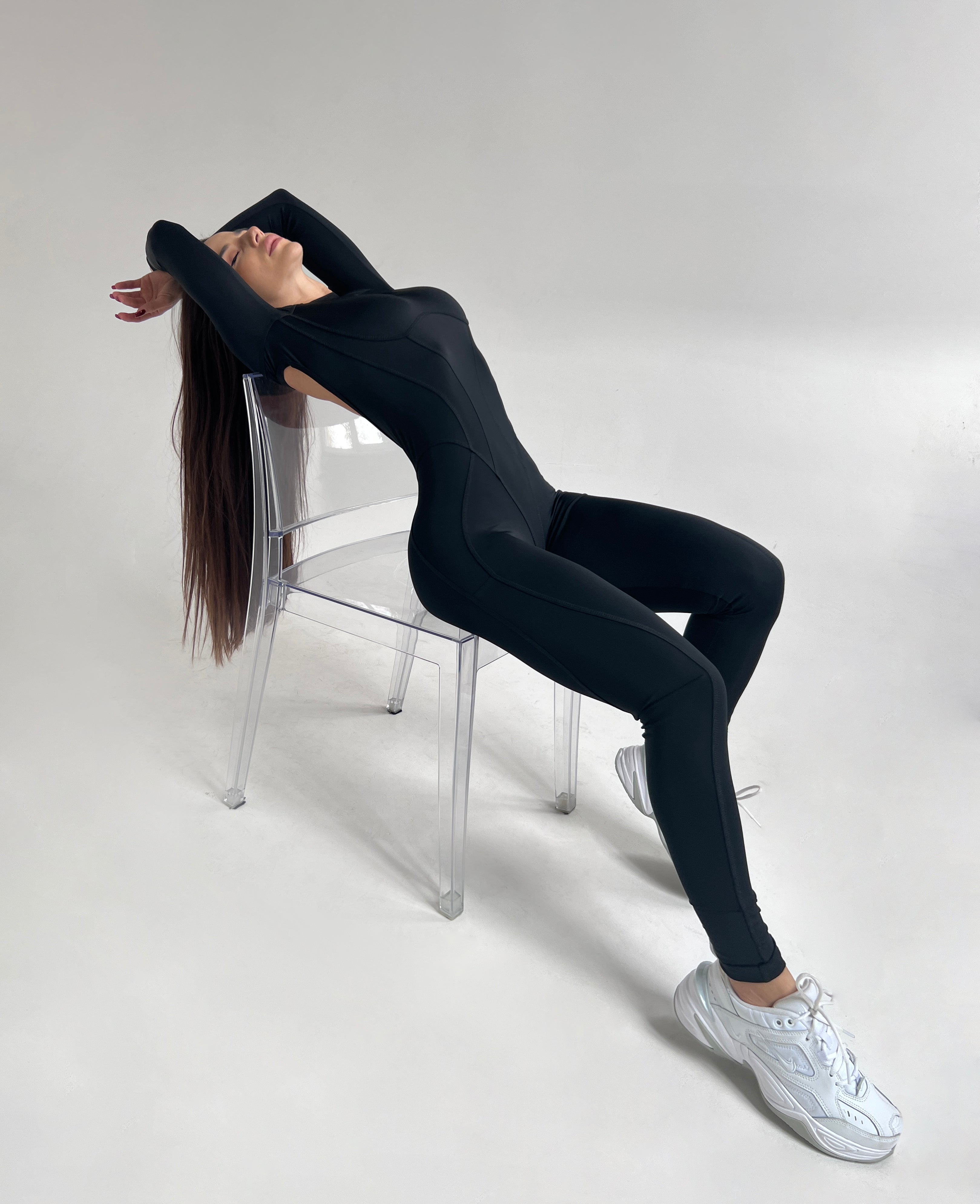 Galaxy Contour Seam Open Back Long Sleeve Jumpsuit in Black