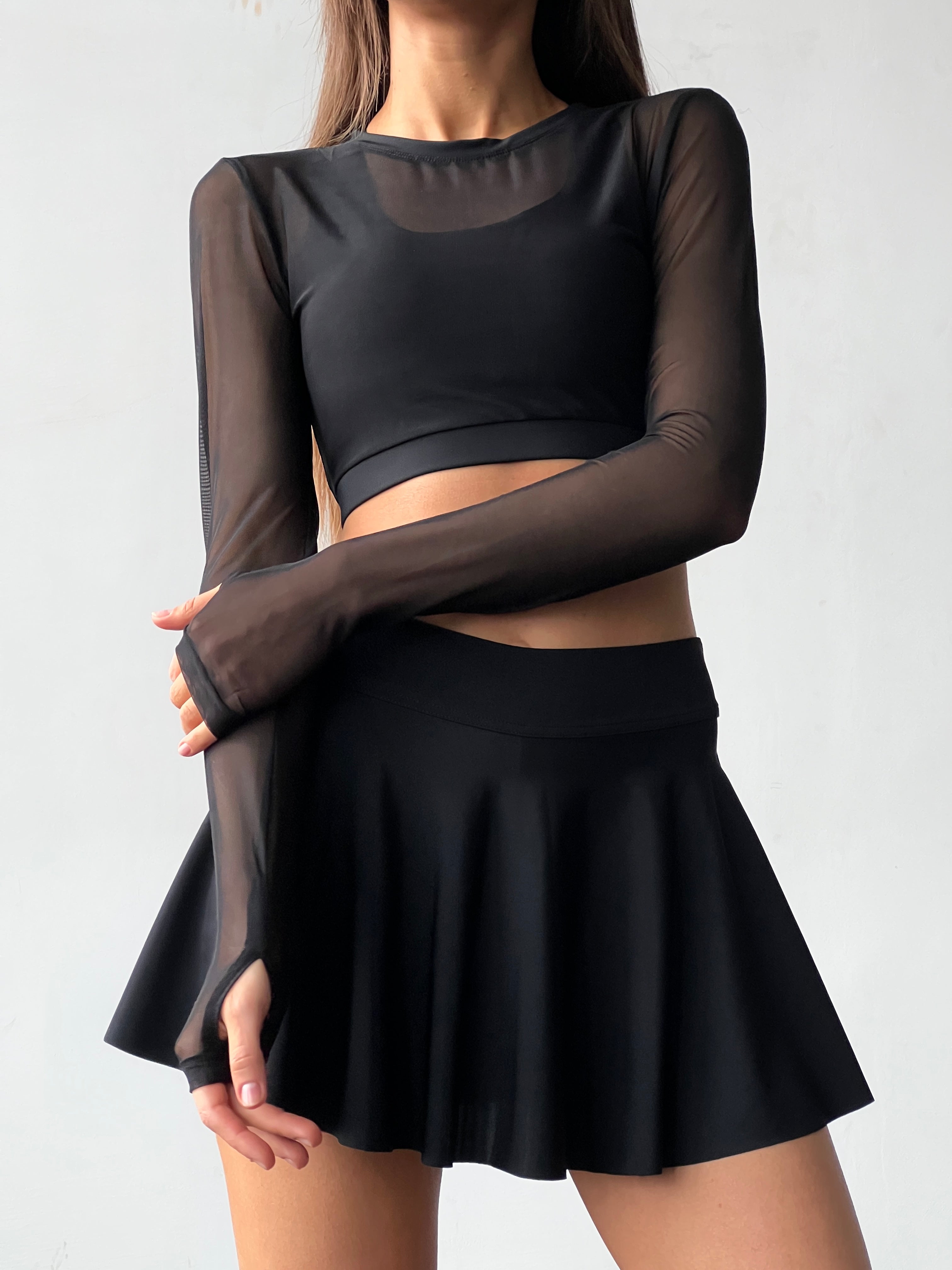 Galaxy Contour Long Sleeve Thumbhole Cropped Top in Black with Mesh