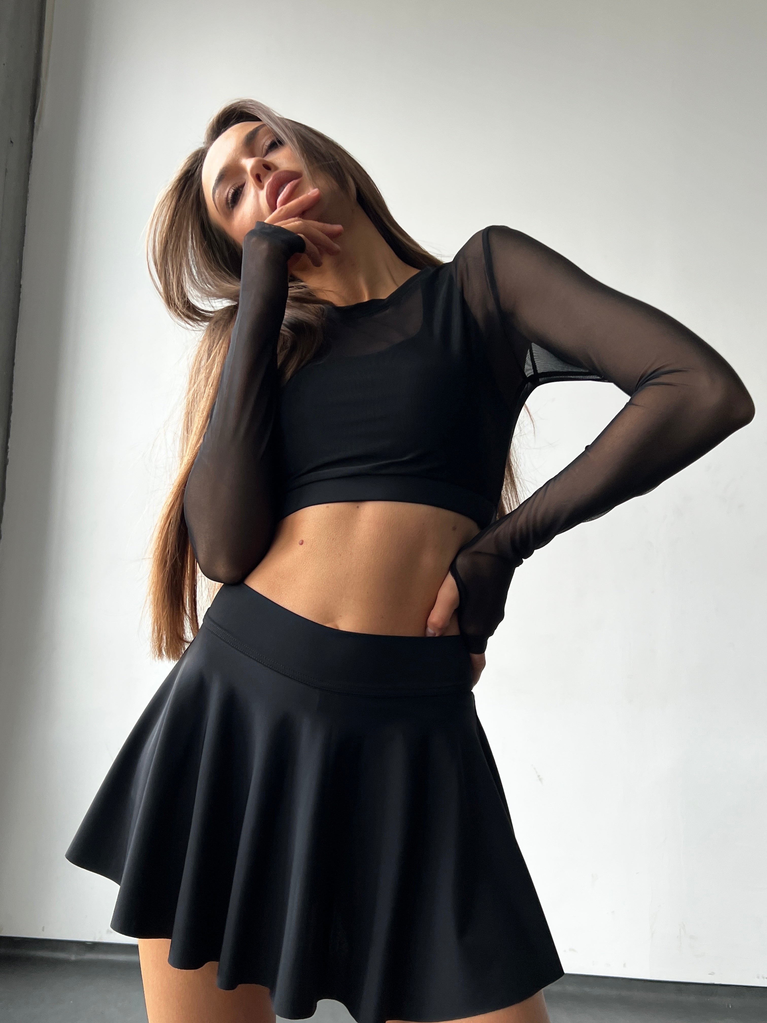 Galaxy Contour Long Sleeve Thumbhole Cropped Top in Black with Mesh