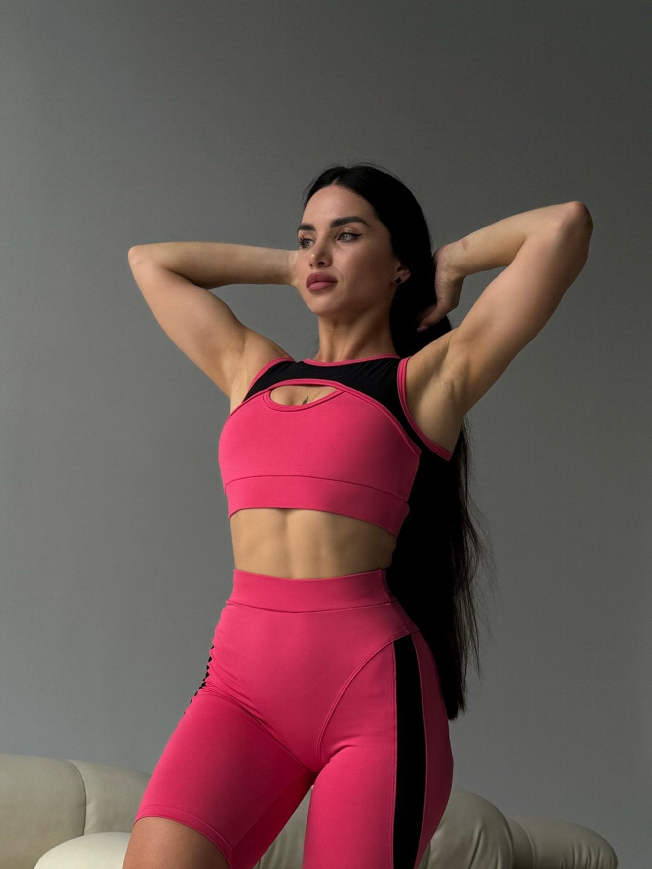 Galaxy Mesh Insert Cut Out Sleeveless Cropped Top in Neon Pink