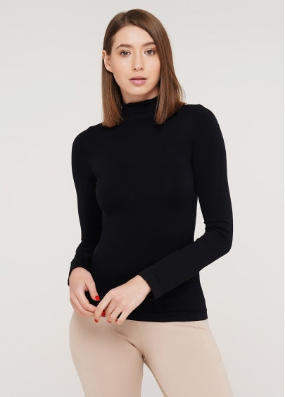 Seamless Turtleneck Long Sleeve Top in Black