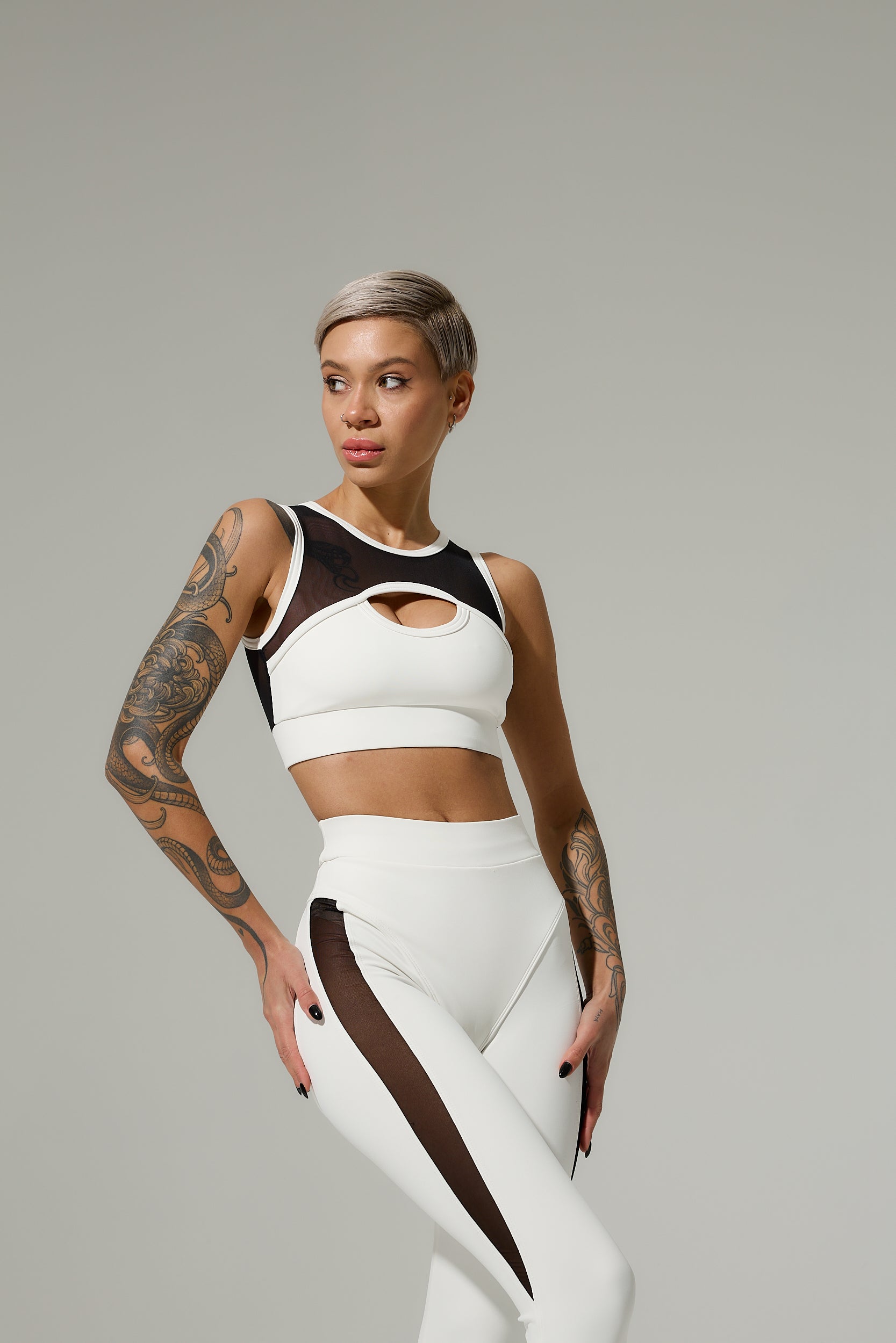 Galaxy Mesh Insert Cut Out Sleeveless Cropped Top in White