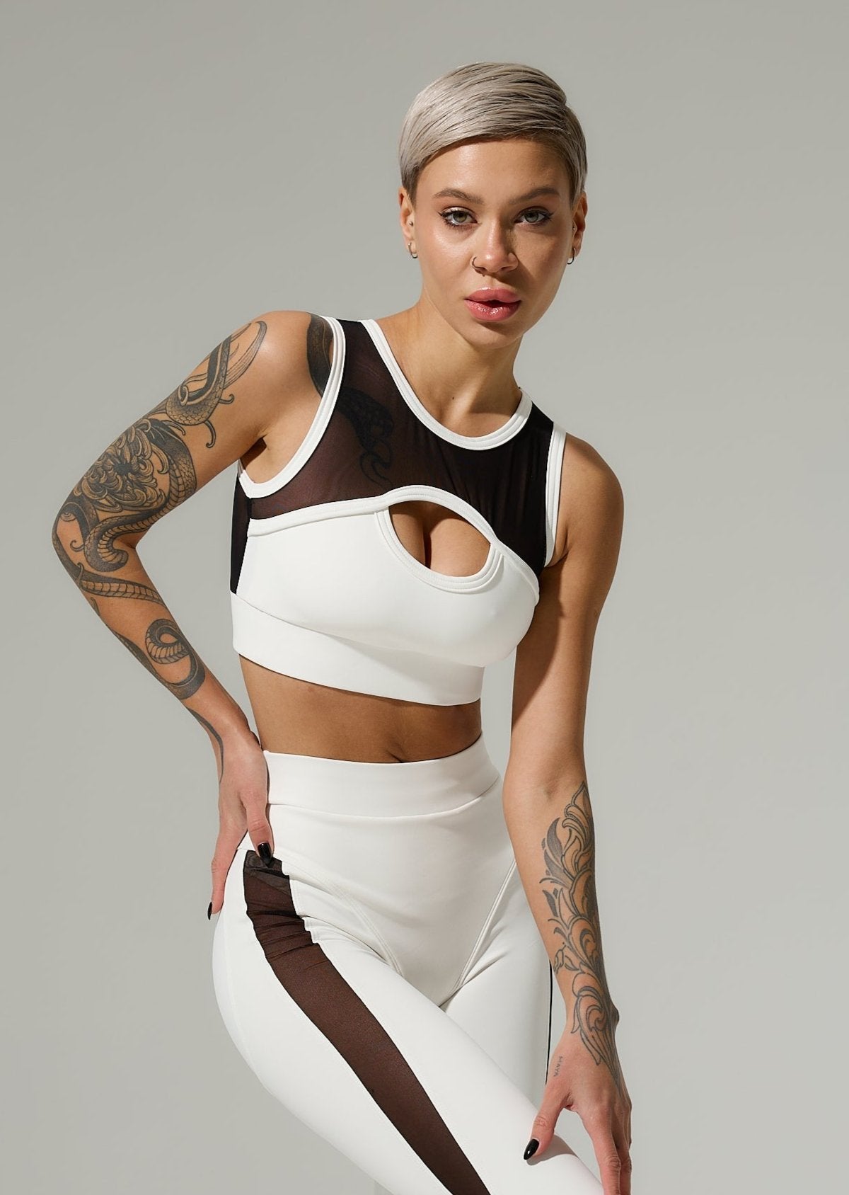 Galaxy Mesh Insert Cut Out Sleeveless Cropped Top in White