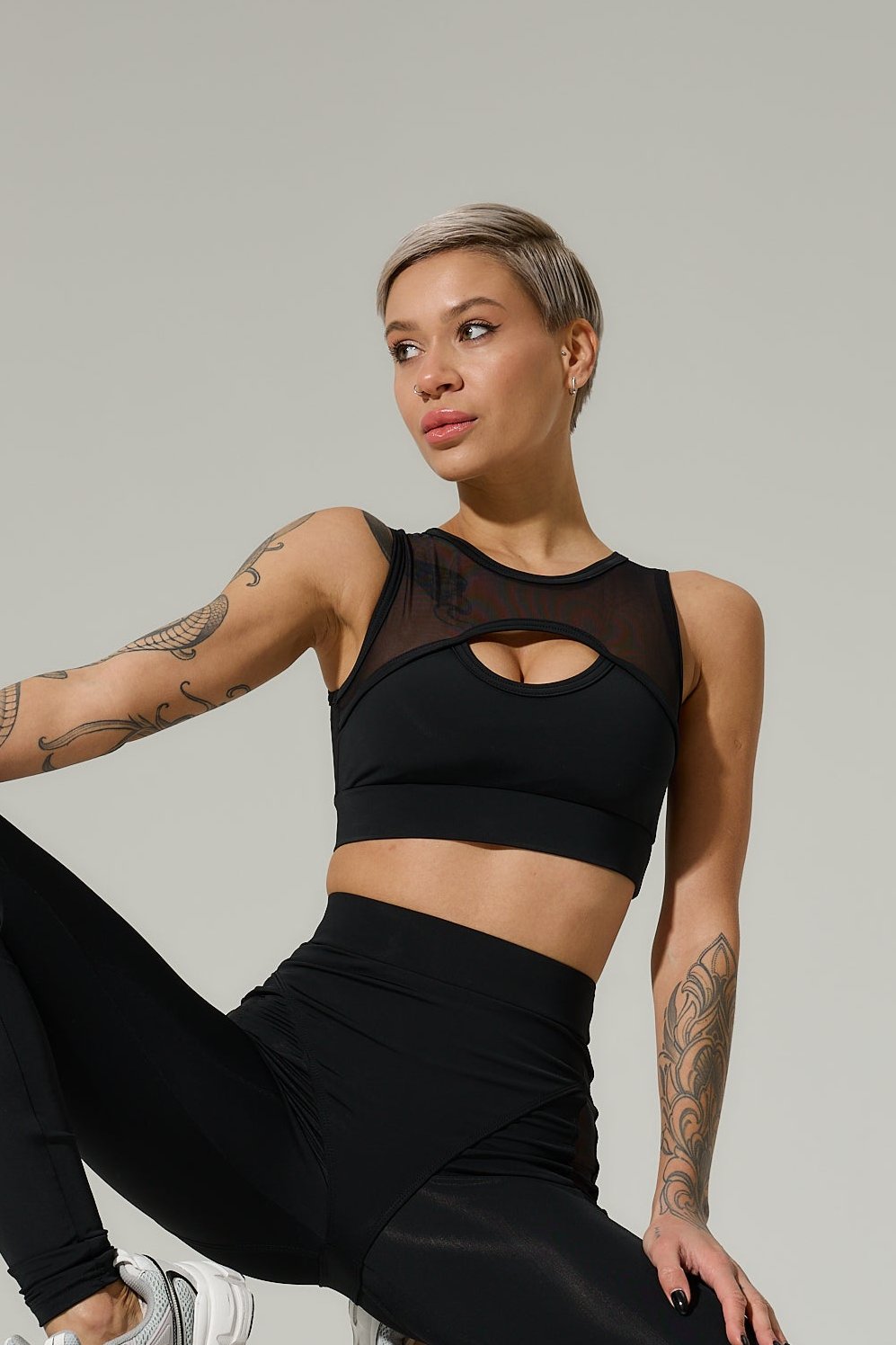 Galaxy Mesh Insert Cut Out Sleeveless Cropped Top in Black