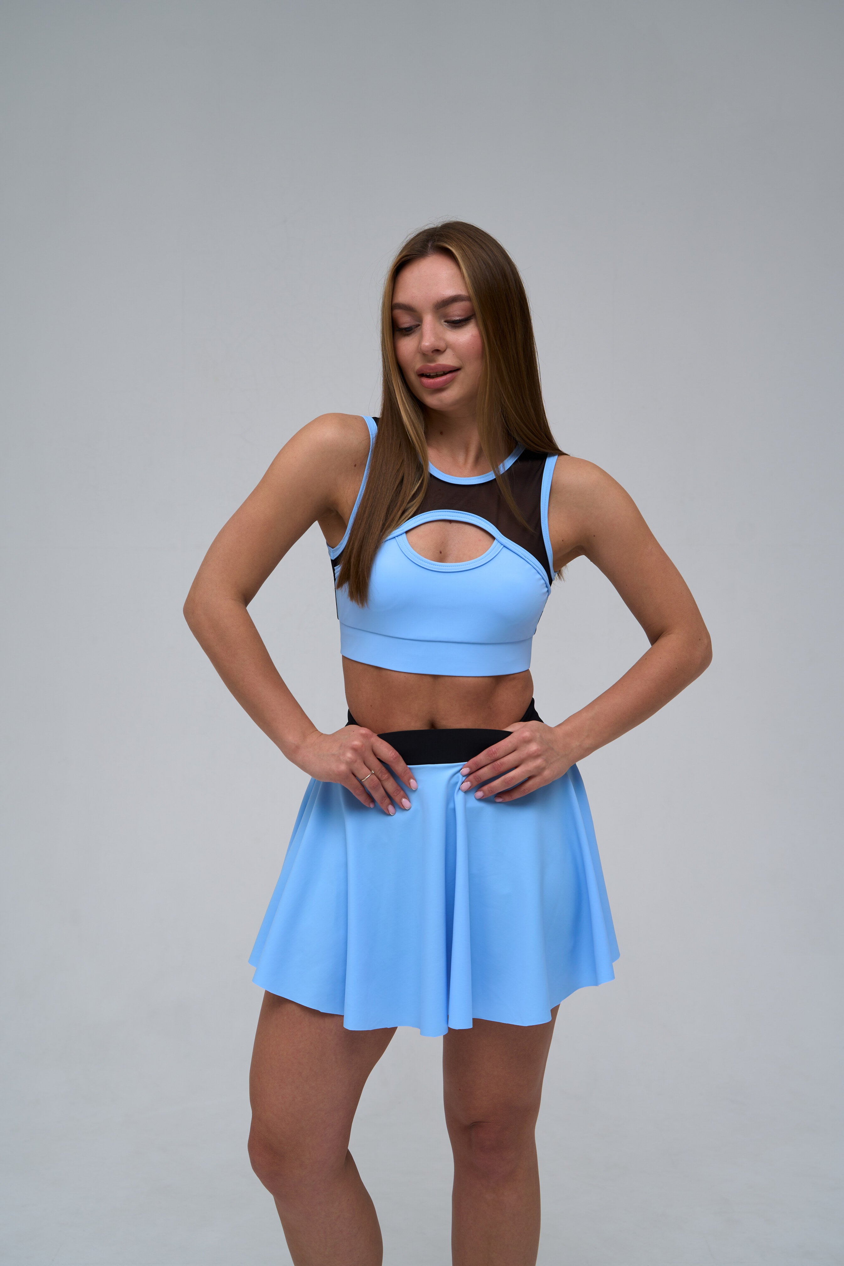 Galaxy Mesh Insert Cut Out Sleeveless Cropped Top in Sky Blue