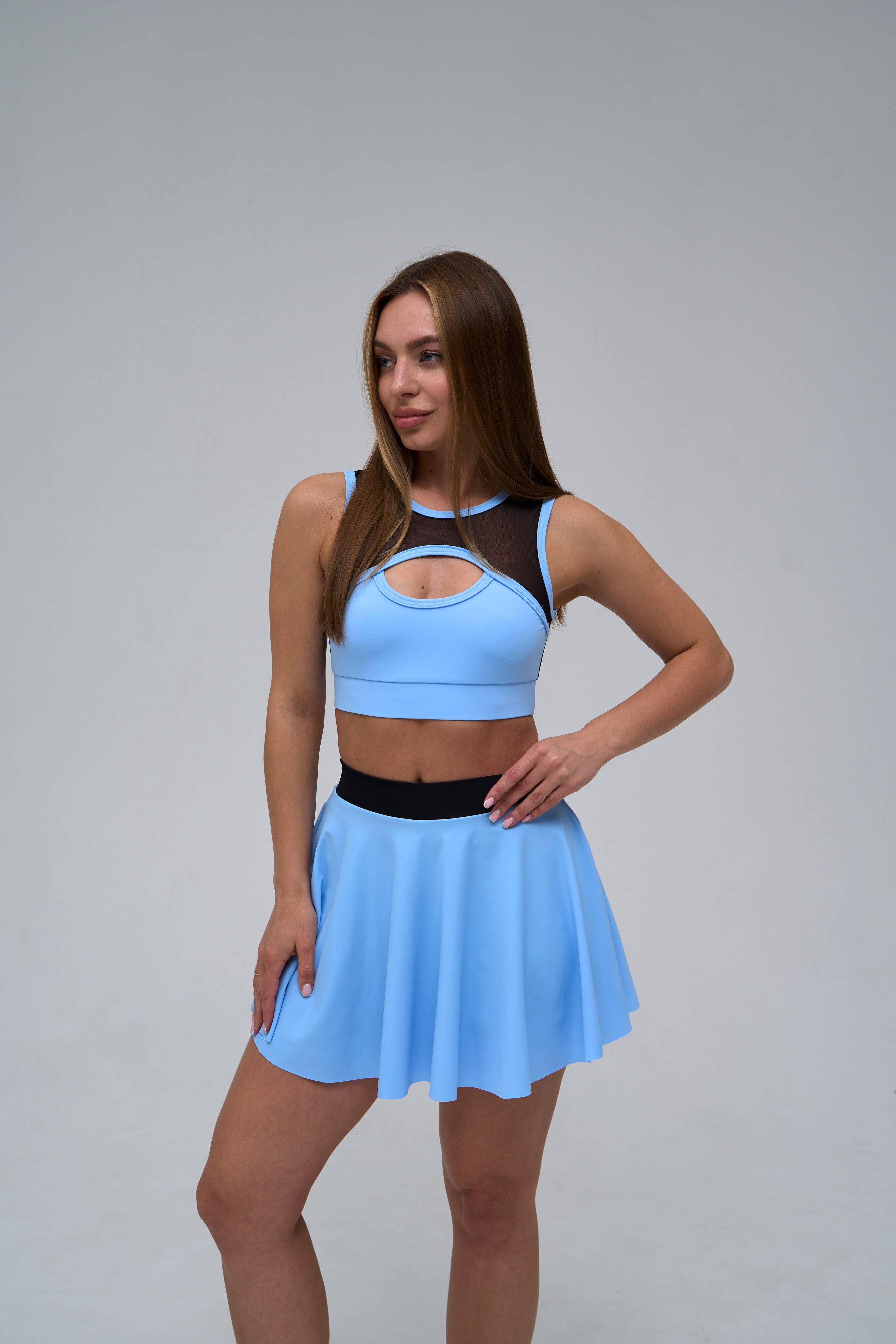 Galaxy Mesh Insert Cut Out Sleeveless Cropped Top in Sky Blue