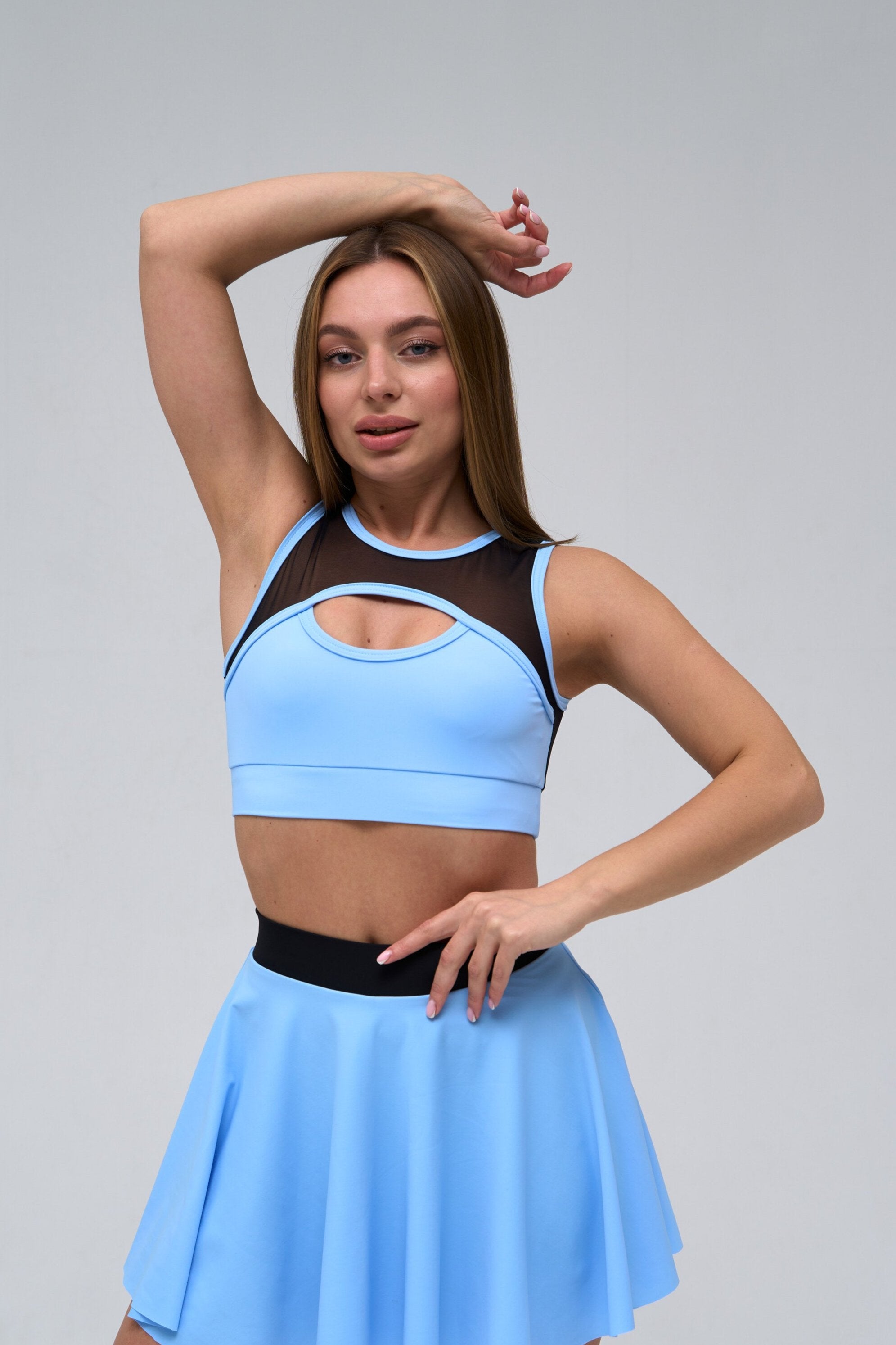 Galaxy Mesh Insert Cut Out Sleeveless Cropped Top in Sky Blue