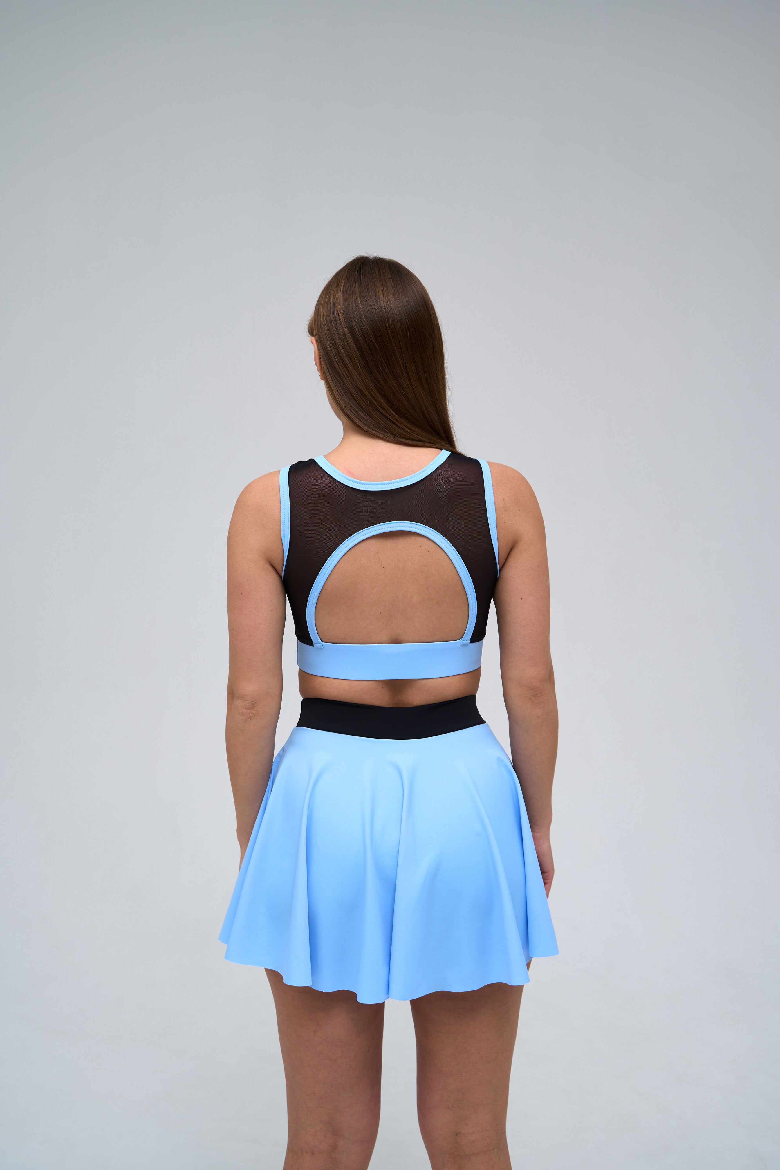 Galaxy Mesh Insert Cut Out Sleeveless Cropped Top in Sky Blue