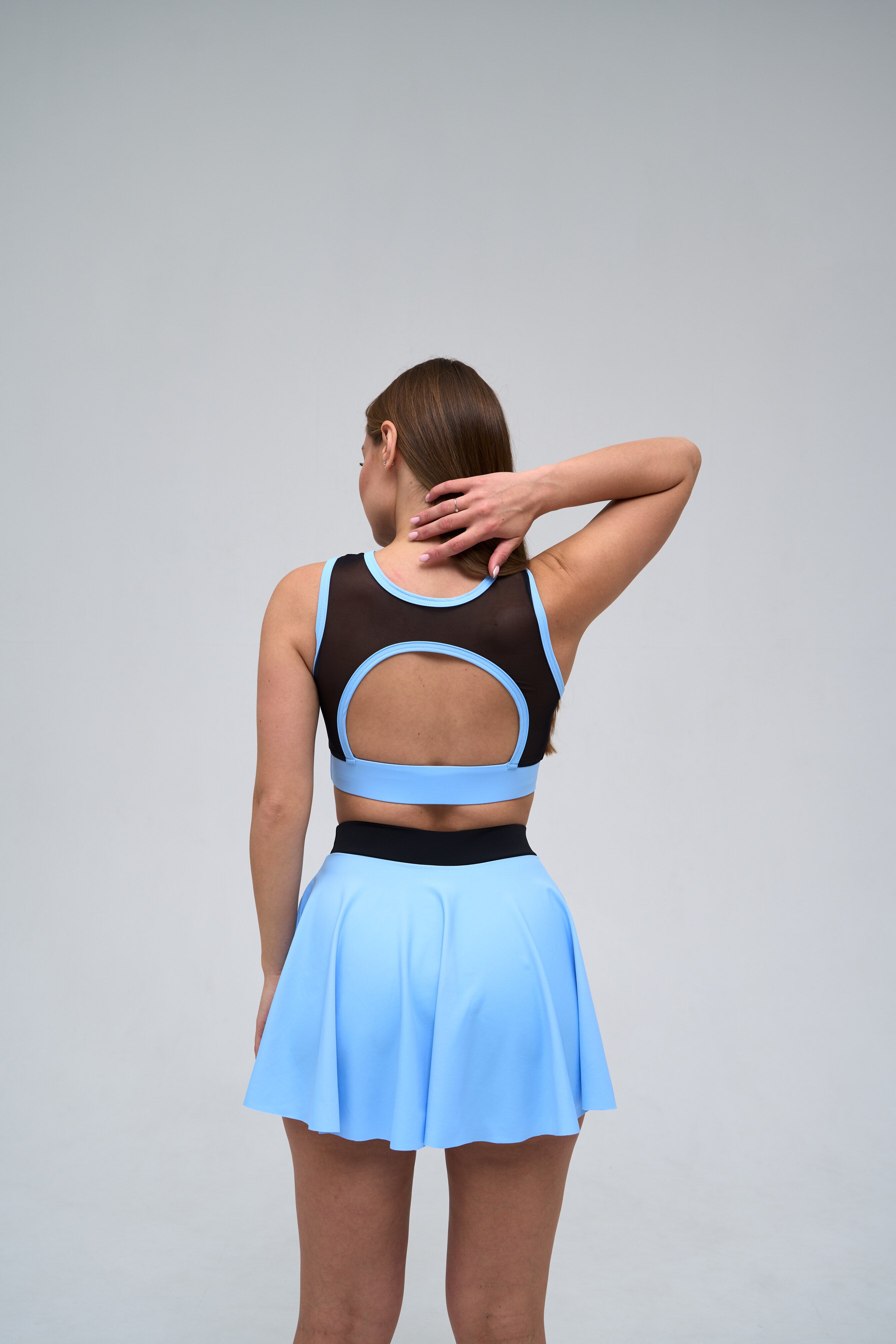 Galaxy Mesh Insert Cut Out Sleeveless Cropped Top in Sky Blue