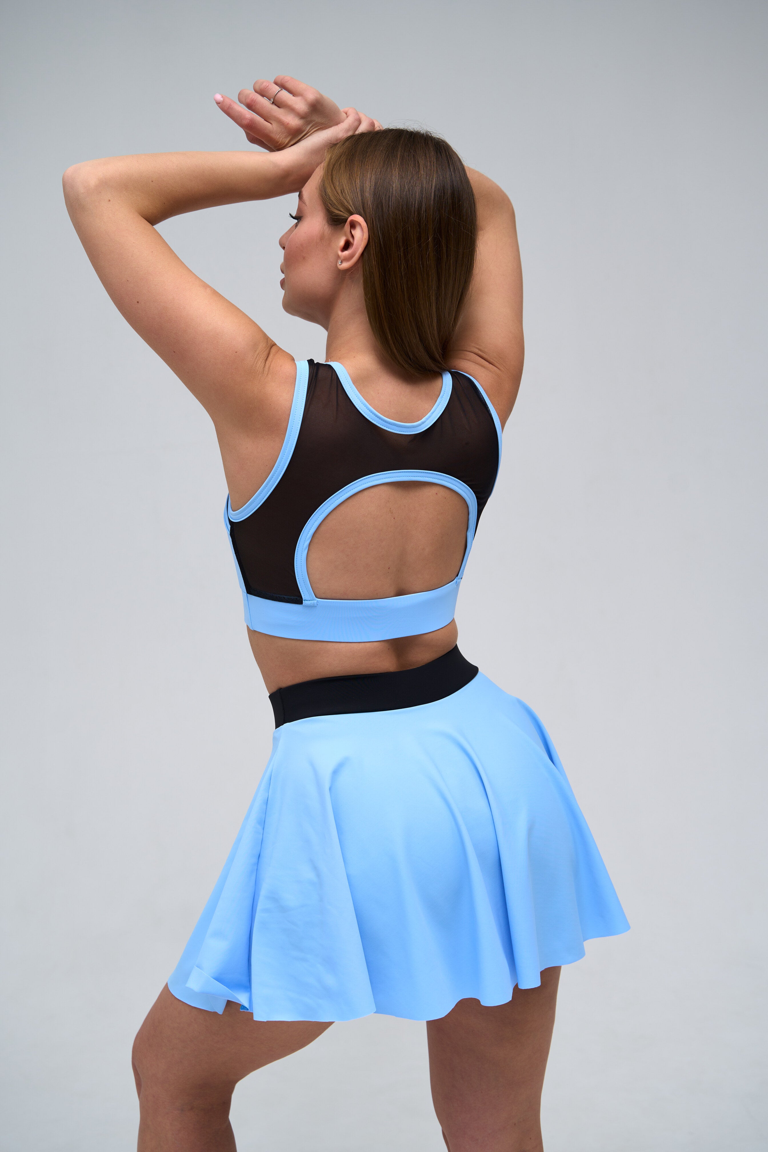 Galaxy Mesh Insert Cut Out Sleeveless Cropped Top in Sky Blue