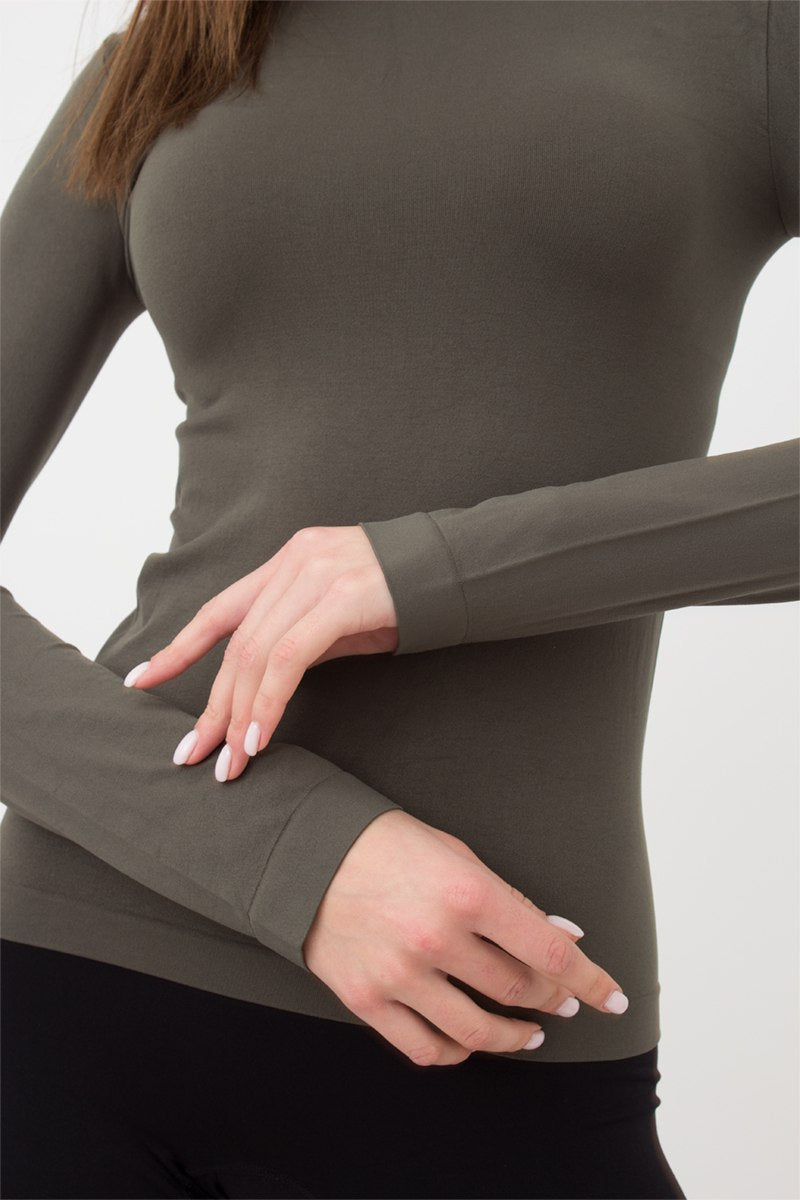 Seamless Turtleneck Long Sleeve Top in Khaki