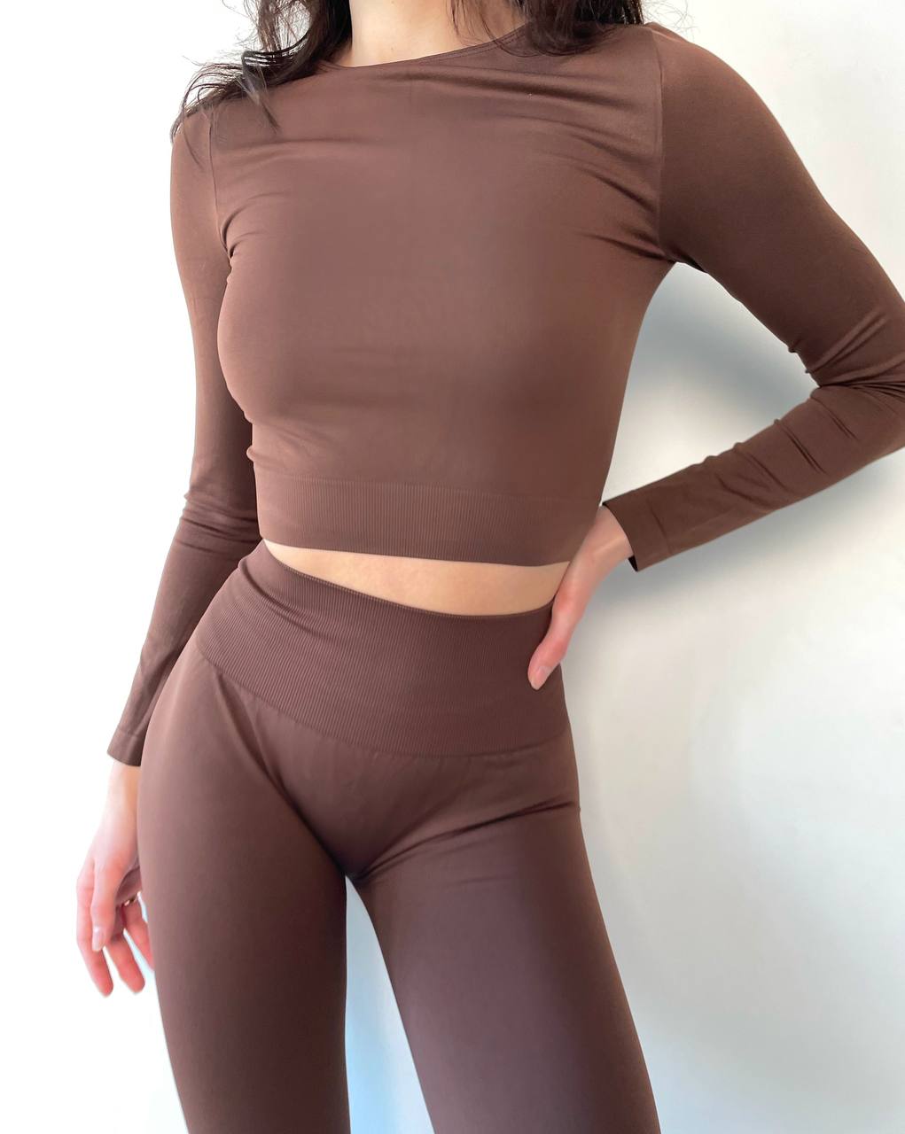 Seamless Cropped Long Sleeve Top in Chocolate