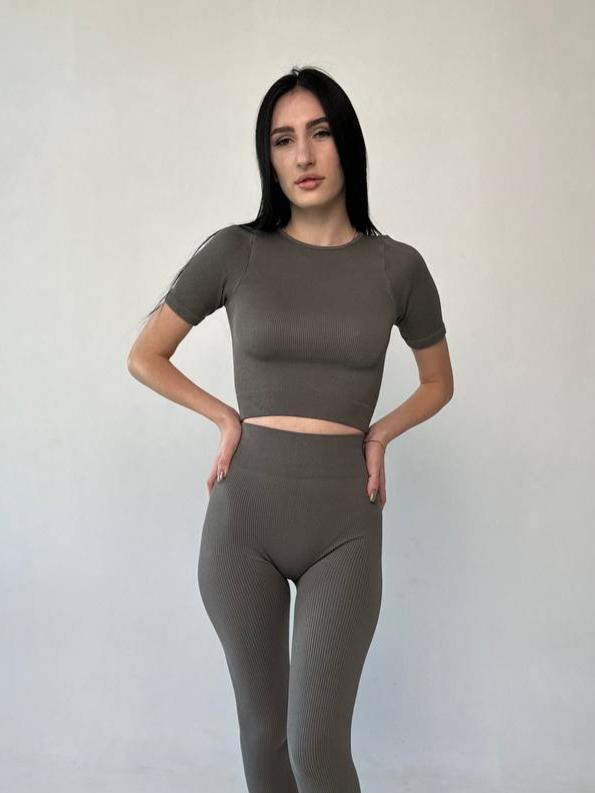 Seamless Ribbed Short Sleeve Crop Top in Dark Gray