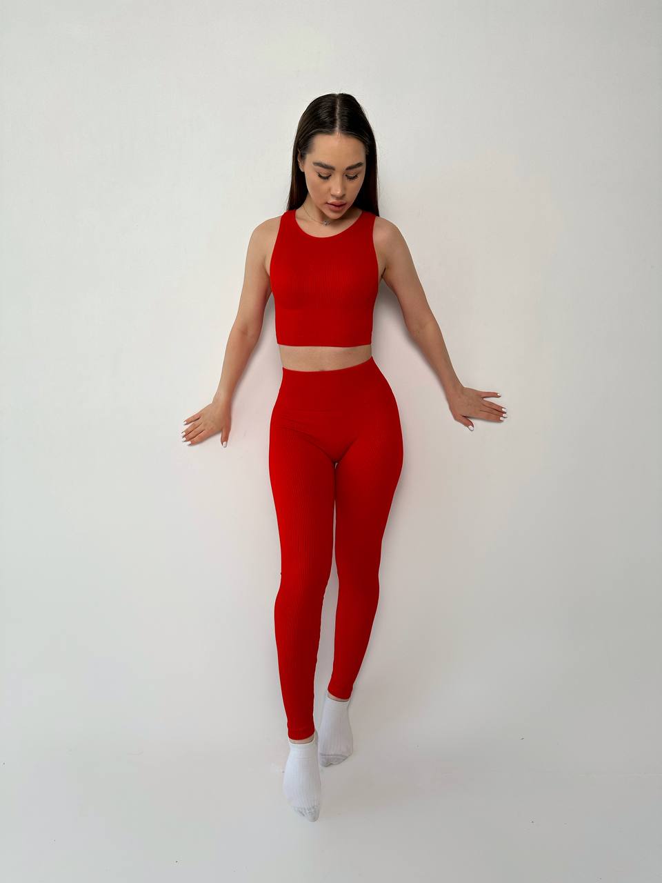 Seamless Ribbed Scrunch Leggings in Red