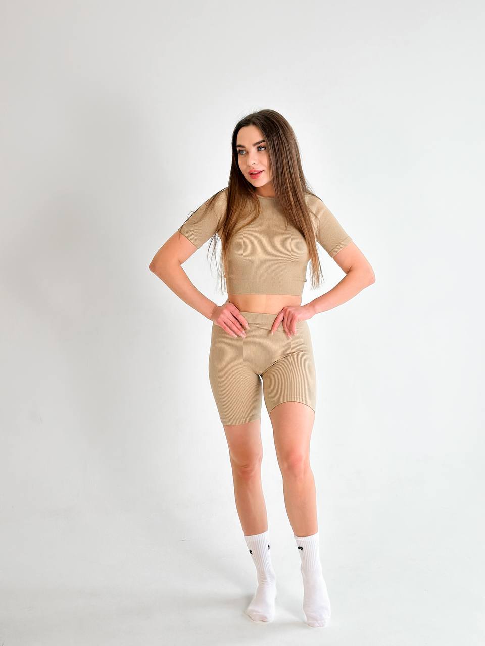 Seamless Ribbed Mid Thigh Bike Shorts in Beige