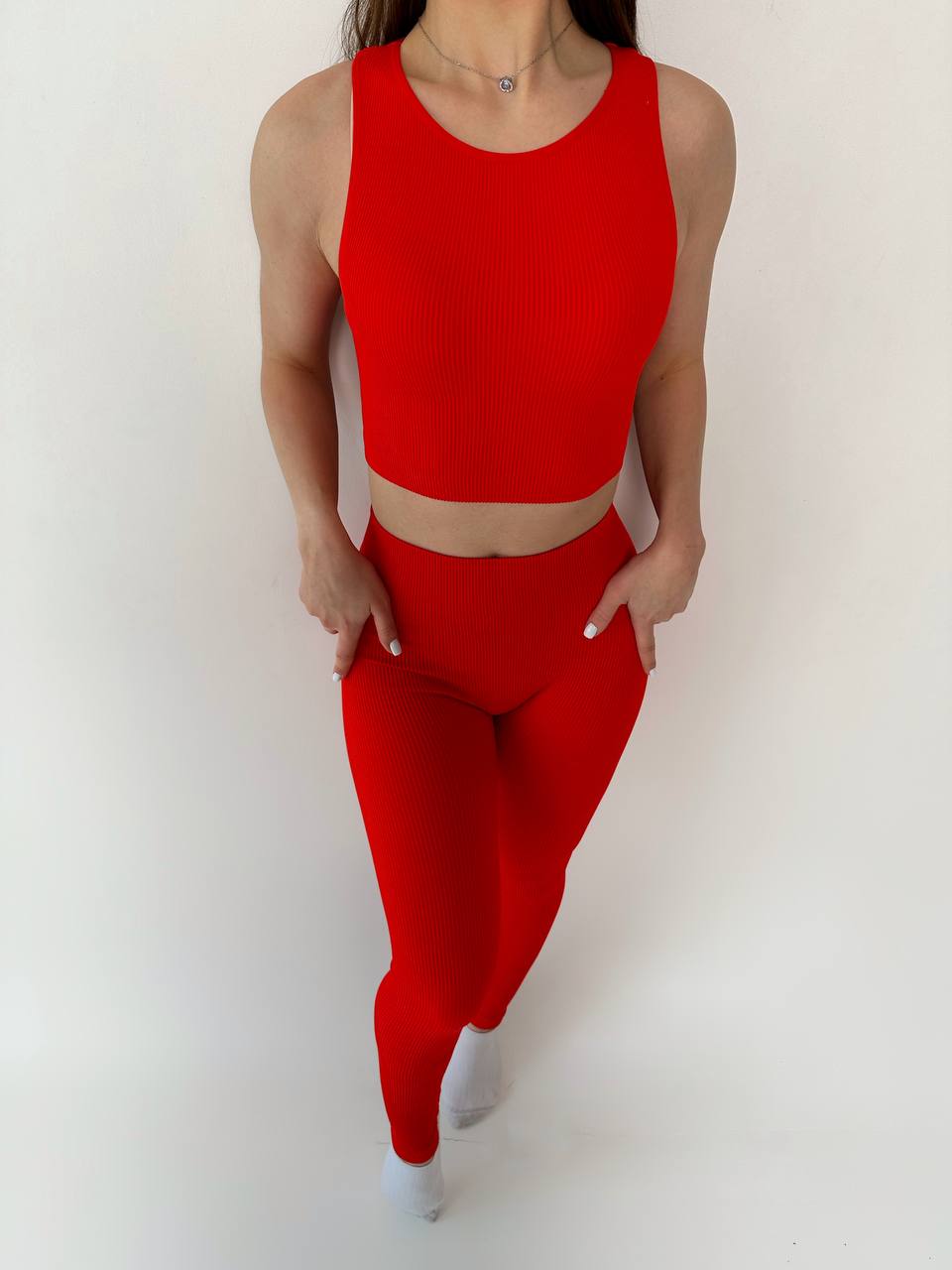 Seamless Ribbed Halter Crop Top in Red