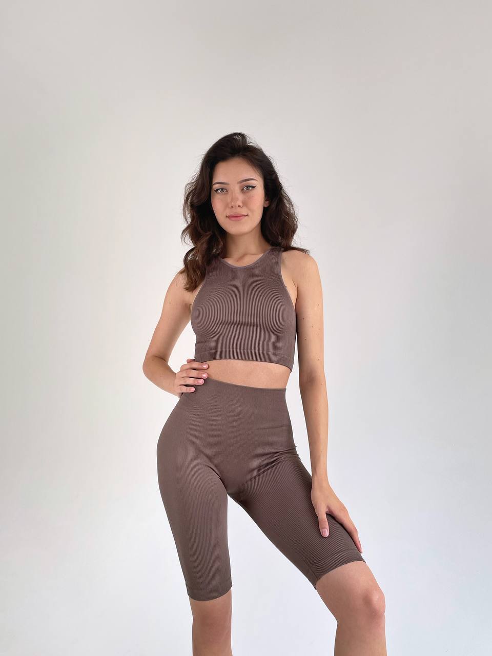 Seamless Ribbed Halter Crop Top in Brown