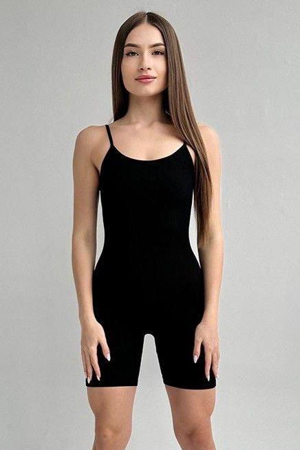 Seamless Ribbed Spaghetti Strap Unitard Playsuit in Black