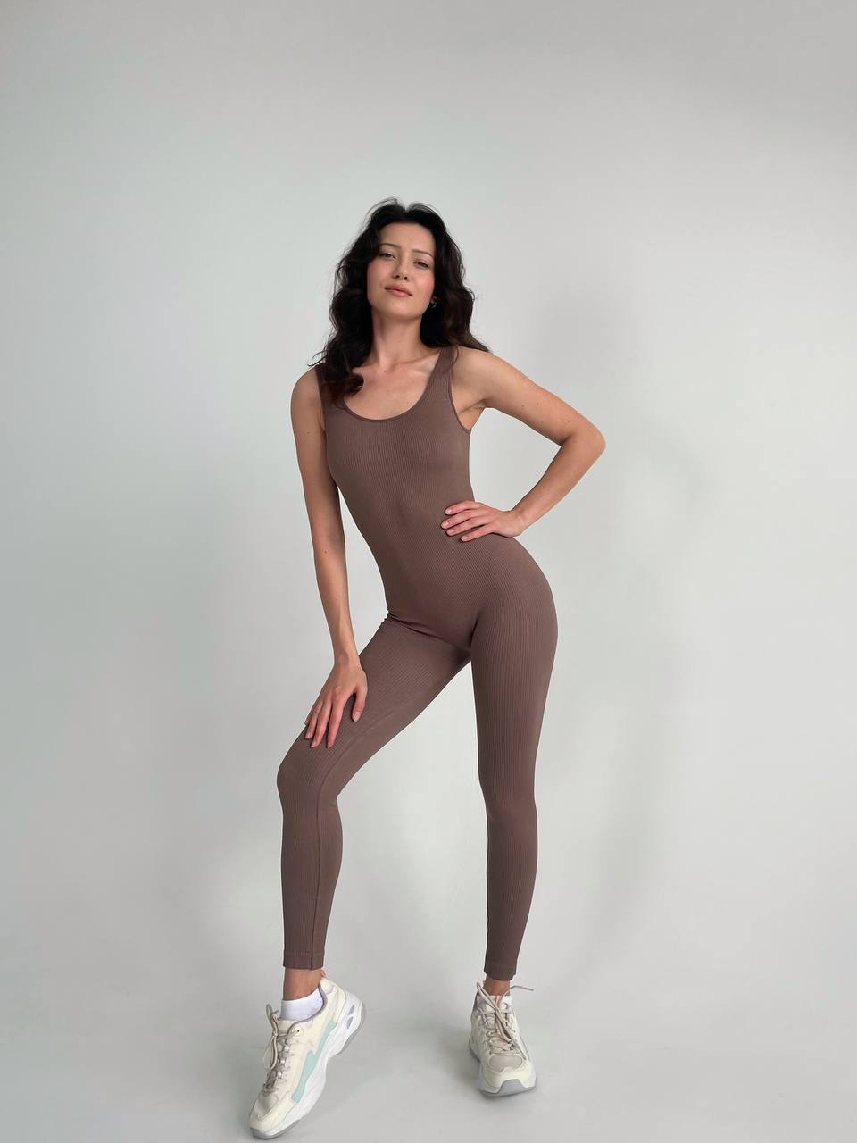 Seamless Ribbed Scoop Neck Unitard Jumpsuit in Chocolate