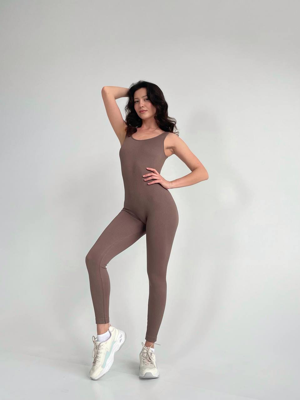 Seamless Ribbed Scoop Neck Unitard Jumpsuit in Chocolate